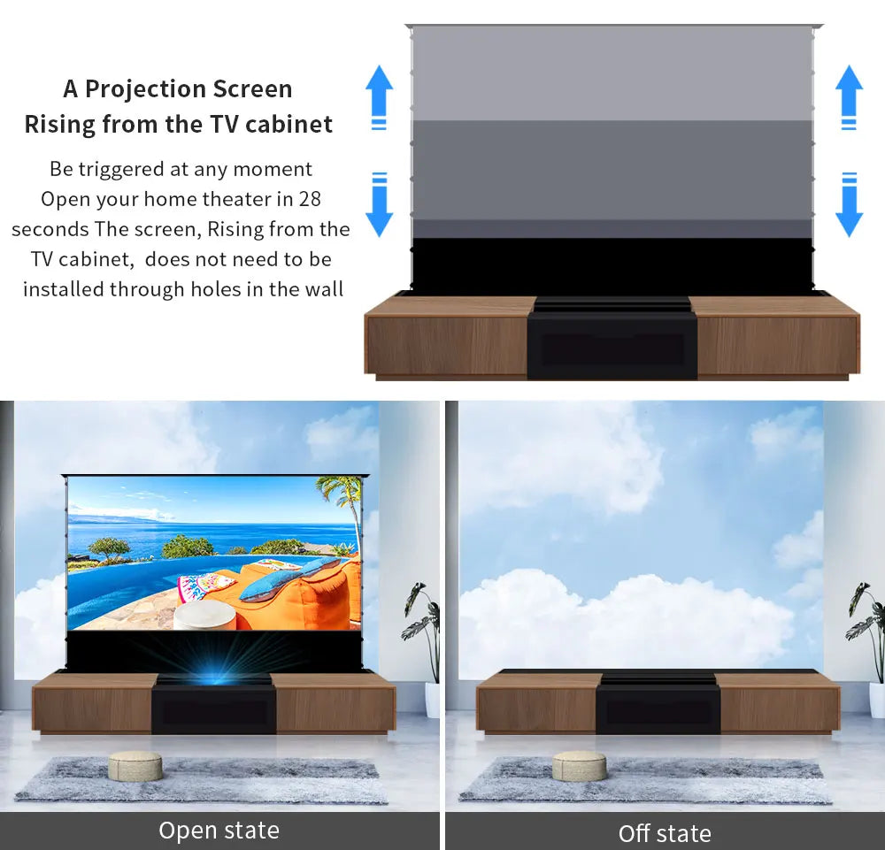 2025 MAX 120 inch Intelligent Laser TV Projector Screen TV Cabinet+Motorized Floor Rising UST Projection Screen For Home Theater