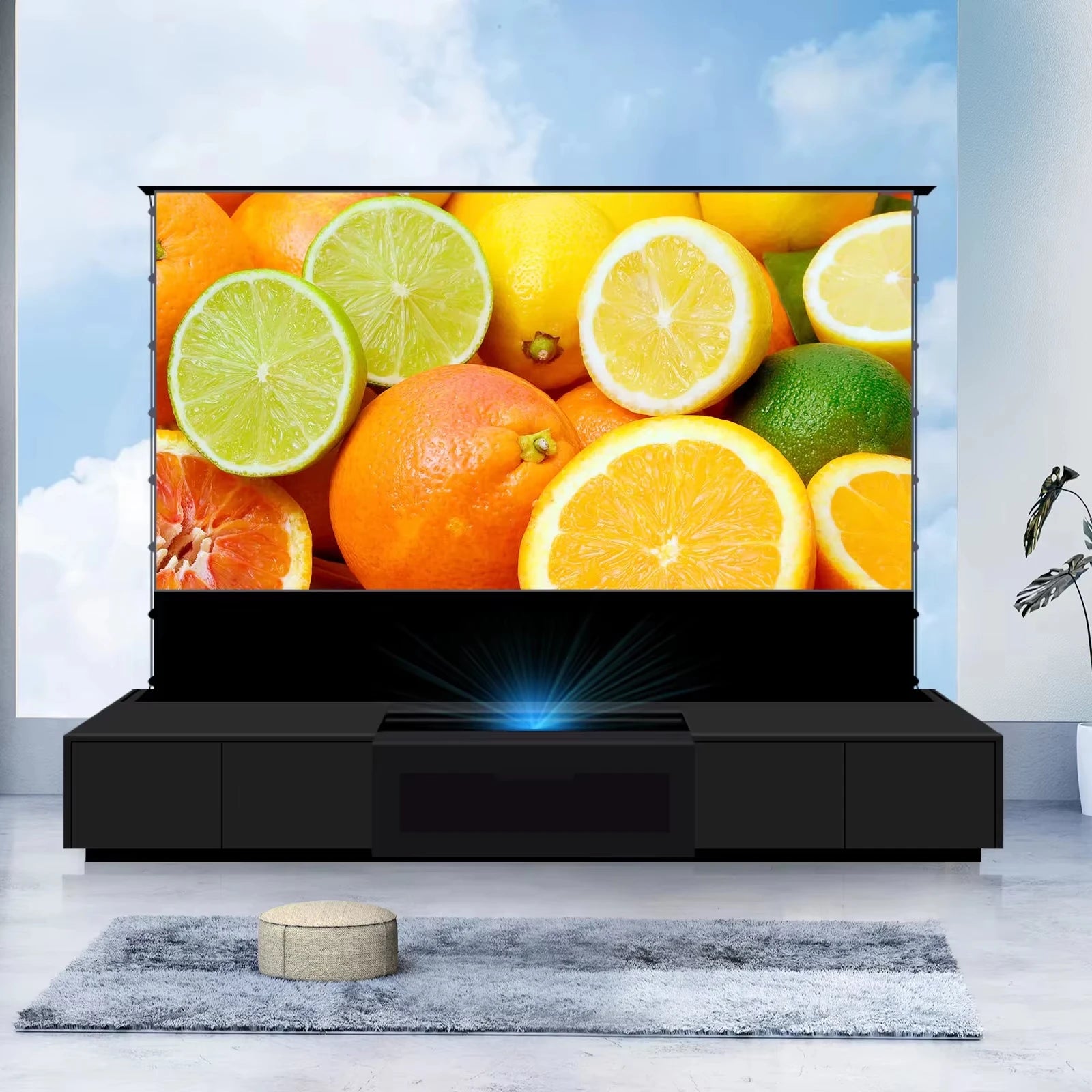 120'' Black Smart Laser TV Cabinet +UST ALR Projector Screen Motorized Floor Rising Screen for Ultra Short Throw Laser Projector