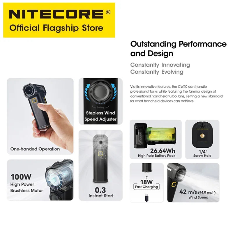 NITECORE CW20 Portable Multipurpose Pocket Fan, Stepless Speed Wind Blower for Photography, Video, Camping & More