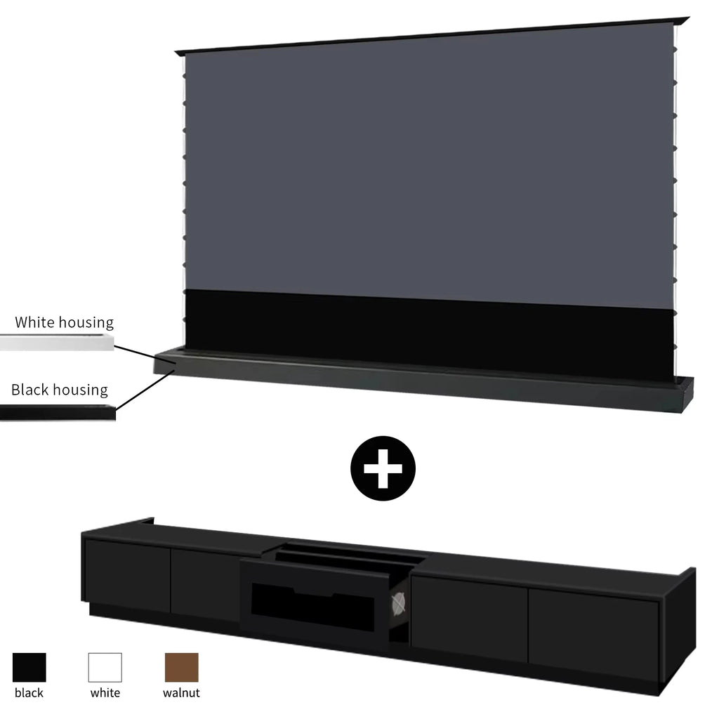 120'' Black Smart Laser TV Cabinet +UST ALR Projector Screen Motorized Floor Rising Screen for Ultra Short Throw Laser Projector