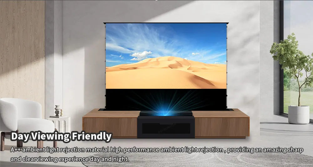 2025 MAX 120 inch Intelligent Laser TV Projector Screen TV Cabinet+Motorized Floor Rising UST Projection Screen For Home Theater