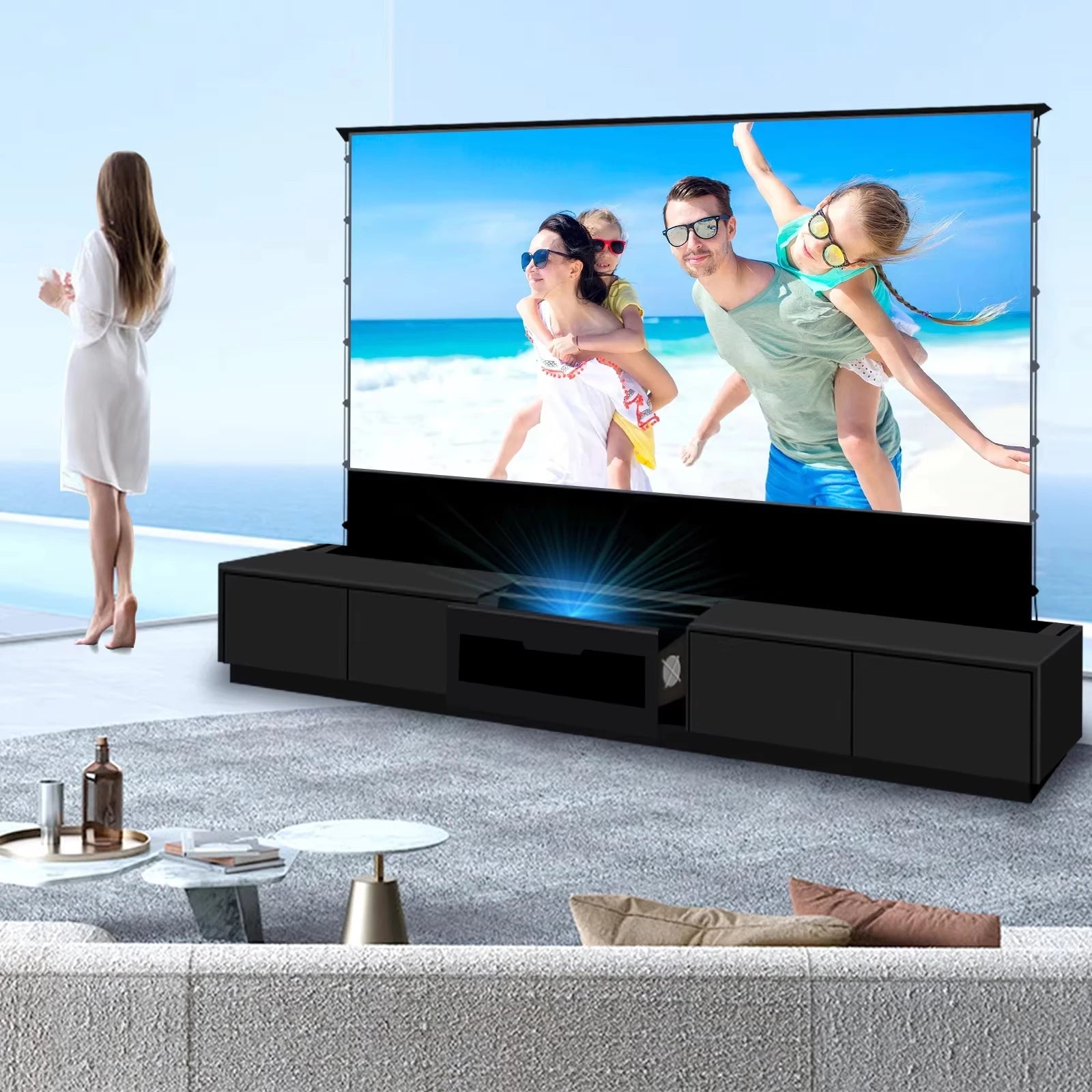 120'' Black Smart Laser TV Cabinet +UST ALR Projector Screen Motorized Floor Rising Screen for Ultra Short Throw Laser Projector