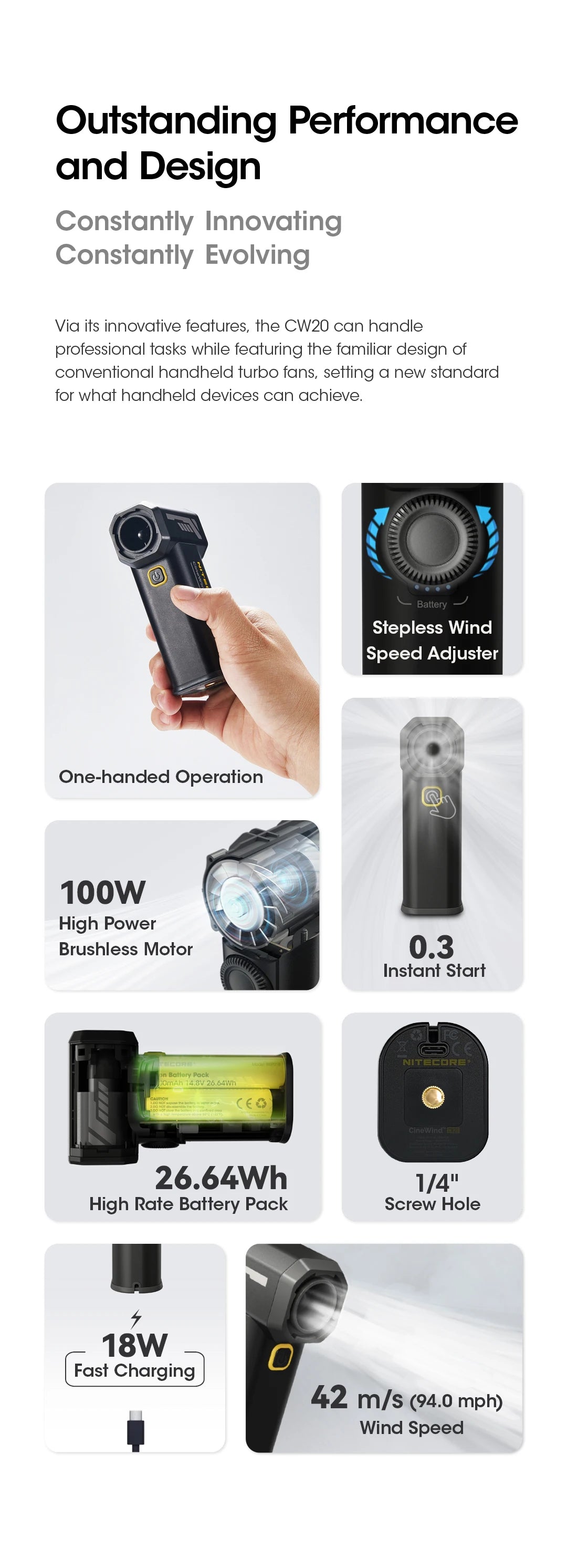 NITECORE CW20 Portable Multipurpose Pocket Fan, Stepless Speed Wind Blower for Photography, Video, Camping & More