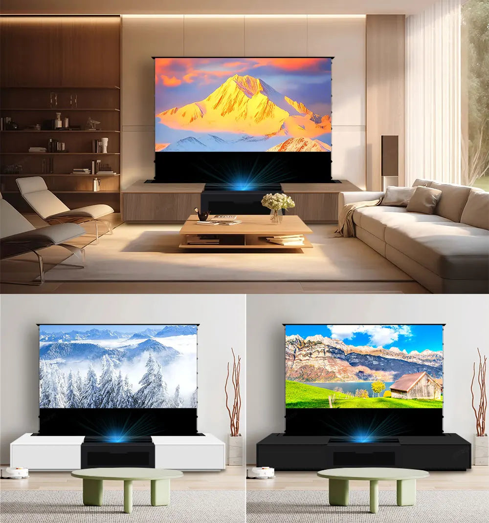 2025 MAX 120 inch Intelligent Laser TV Projector Screen TV Cabinet+Motorized Floor Rising UST Projection Screen For Home Theater