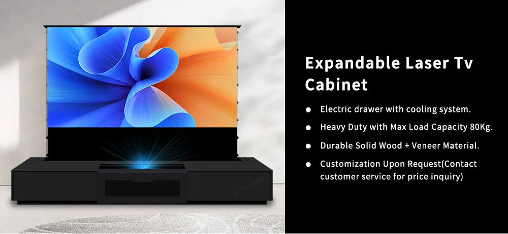2025 MAX 120 inch Intelligent Laser TV Projector Screen TV Cabinet+Motorized Floor Rising UST Projection Screen For Home Theater