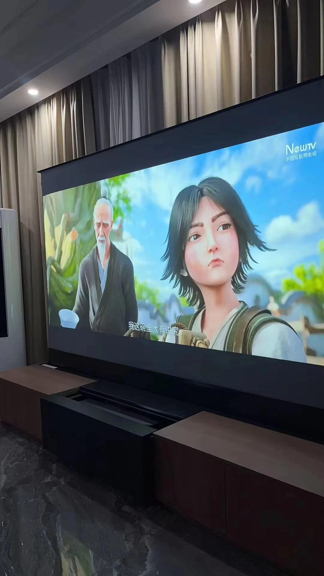 120'' Black Smart Laser TV Cabinet +UST ALR Projector Screen Motorized Floor Rising Screen for Ultra Short Throw Laser Projector