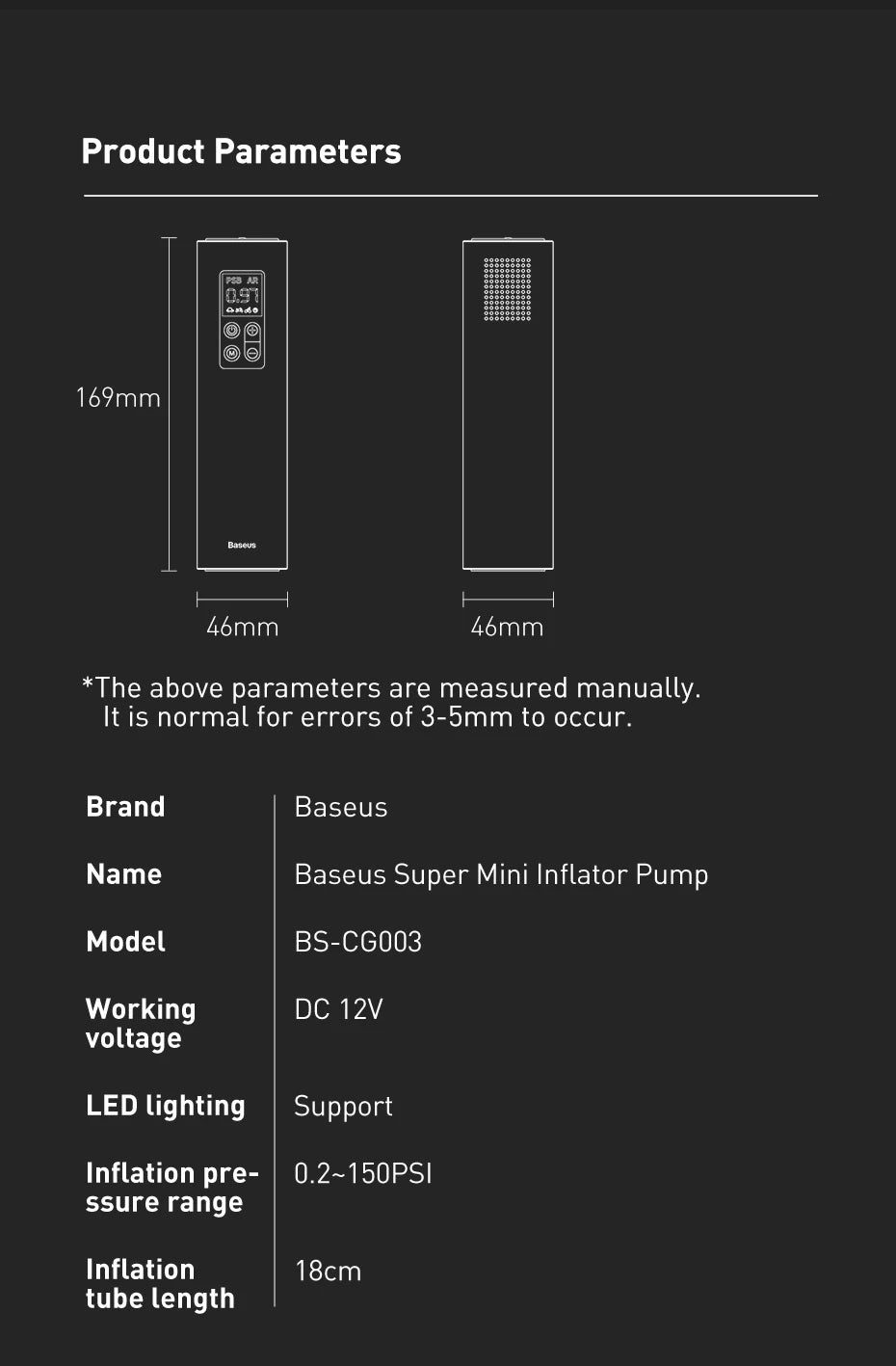 Baseus Mini Portable Air Compressor 12V, 150PSI Smart Digital Tire Inflator for Car, Bicycle, Boat, and More