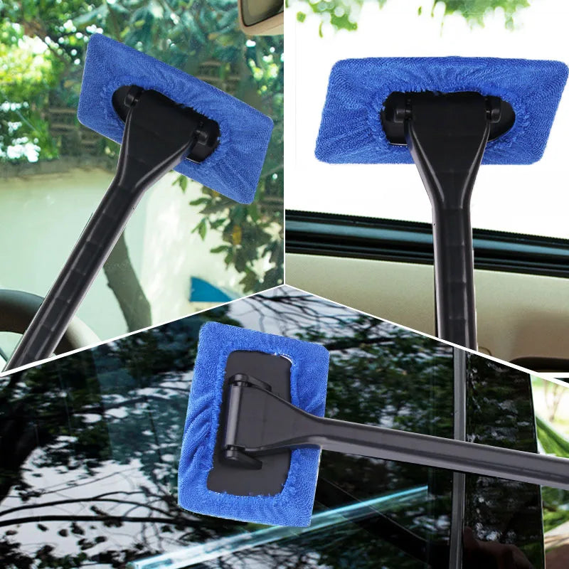 Window Cleaner Brush Kit with Long Handle - Microfiber Windshield Cleaning Tool for Car Interior Detailing and Home Use