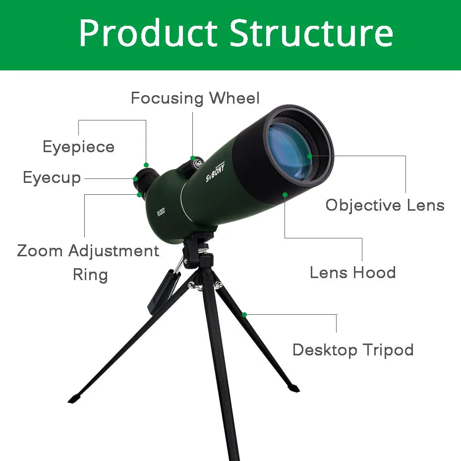 SVBONY SV28 Spotting Scope – 50/60/70/80mm Waterproof Zoom Telescope with PORRO Prism, Long-Range for Shooting, Camping, and Wildlife Viewing