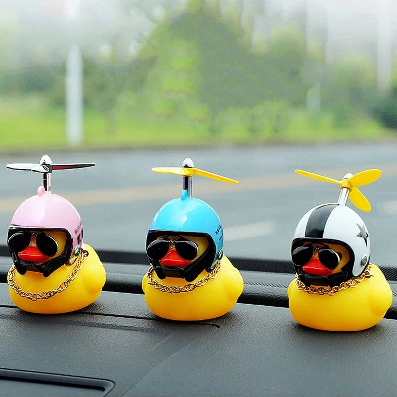 Yellow Duck Car Ornament with Helmet - Fun Broken Wind Pendant for Cars, Bikes, and Motorcycles