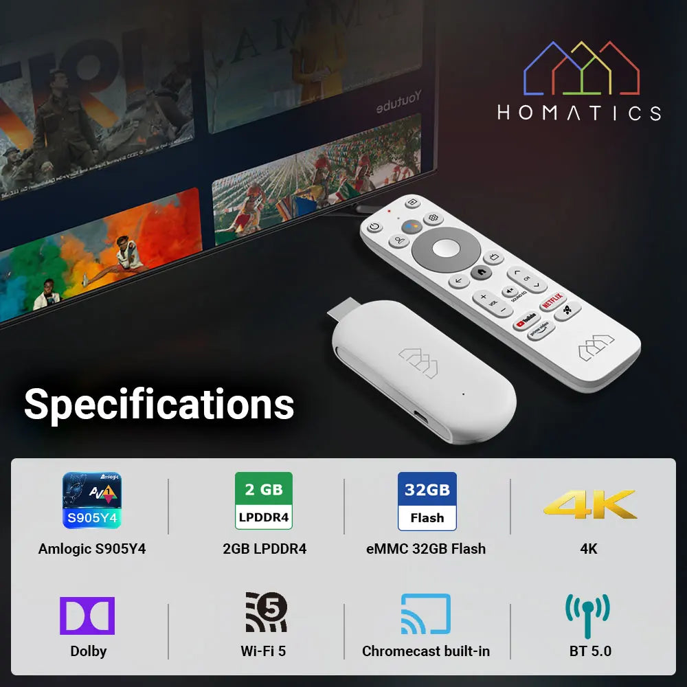 HOMATICS 4K TV Stick - Netflix & Google Certified, 32GB Storage, Dolby Atmos, AV1 Support, Dual-Band WiFi