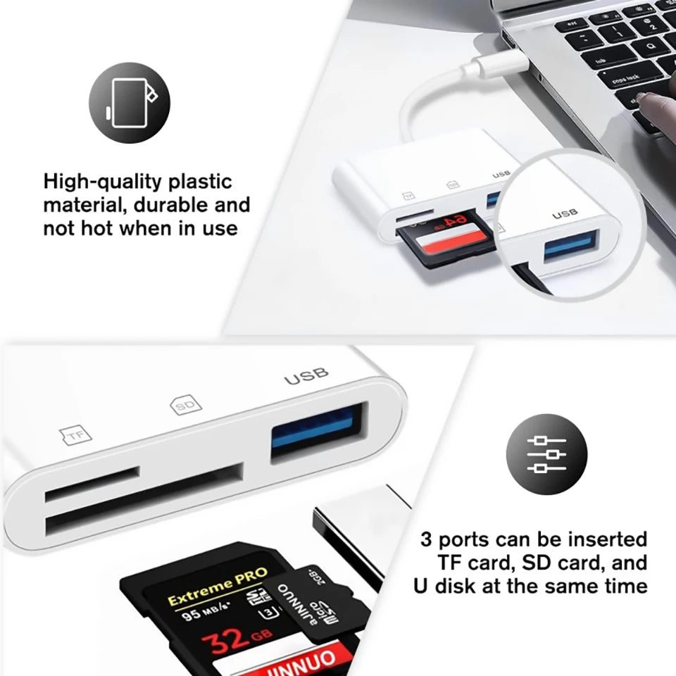 Lieve 3-in-1 SD/TF Card Reader for iPhone 14, 13, 12, 11 Pro Max, XR, XS, USB-C Camera Converter for iPad, Android, Laptop OTG Adapter