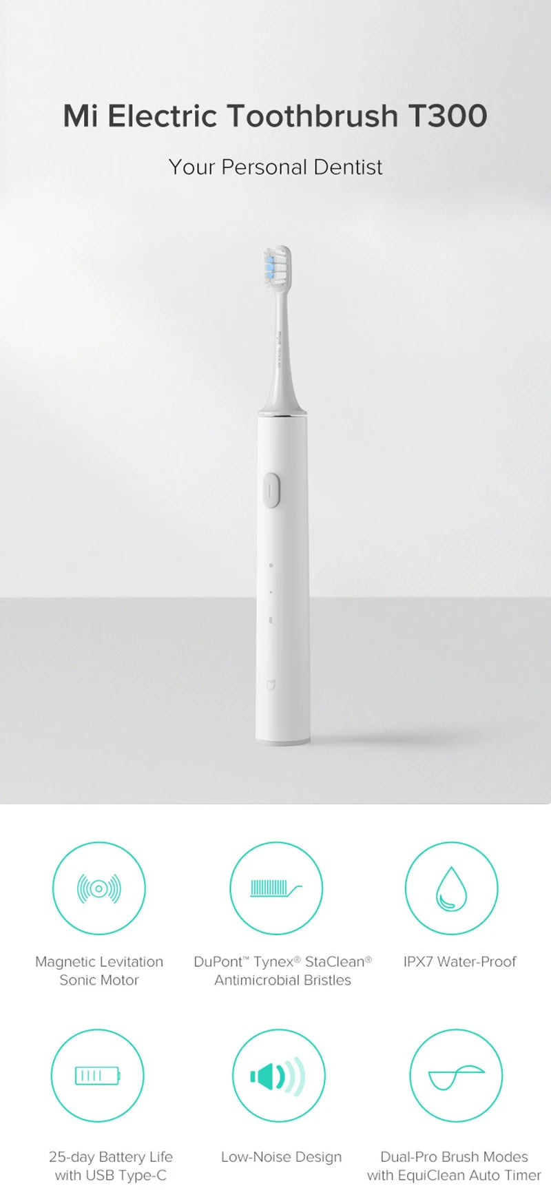 XIAOMI MIJIA T300 Electric Toothbrush - Smart Sonic Ultrasonic Whitening Brush, IPX7 Waterproof