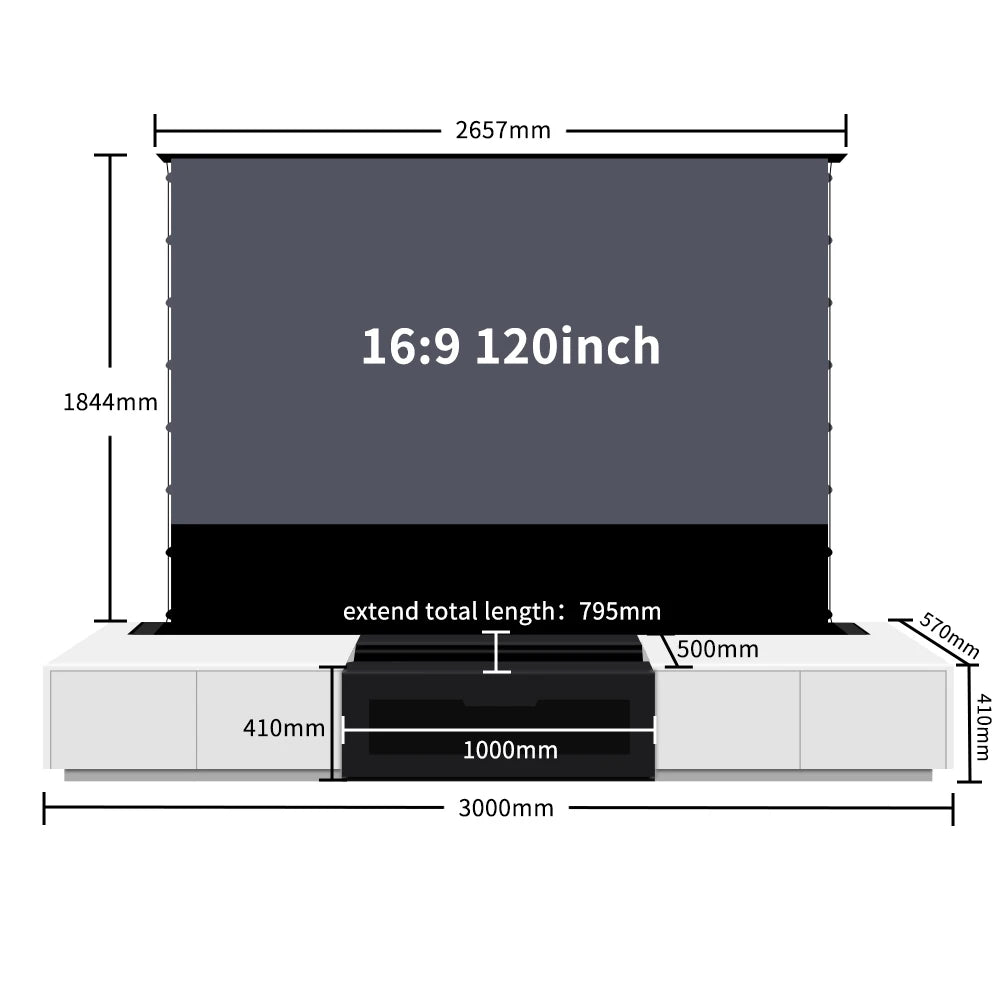 120'' Black Smart Laser TV Cabinet +UST ALR Projector Screen Motorized Floor Rising Screen for Ultra Short Throw Laser Projector