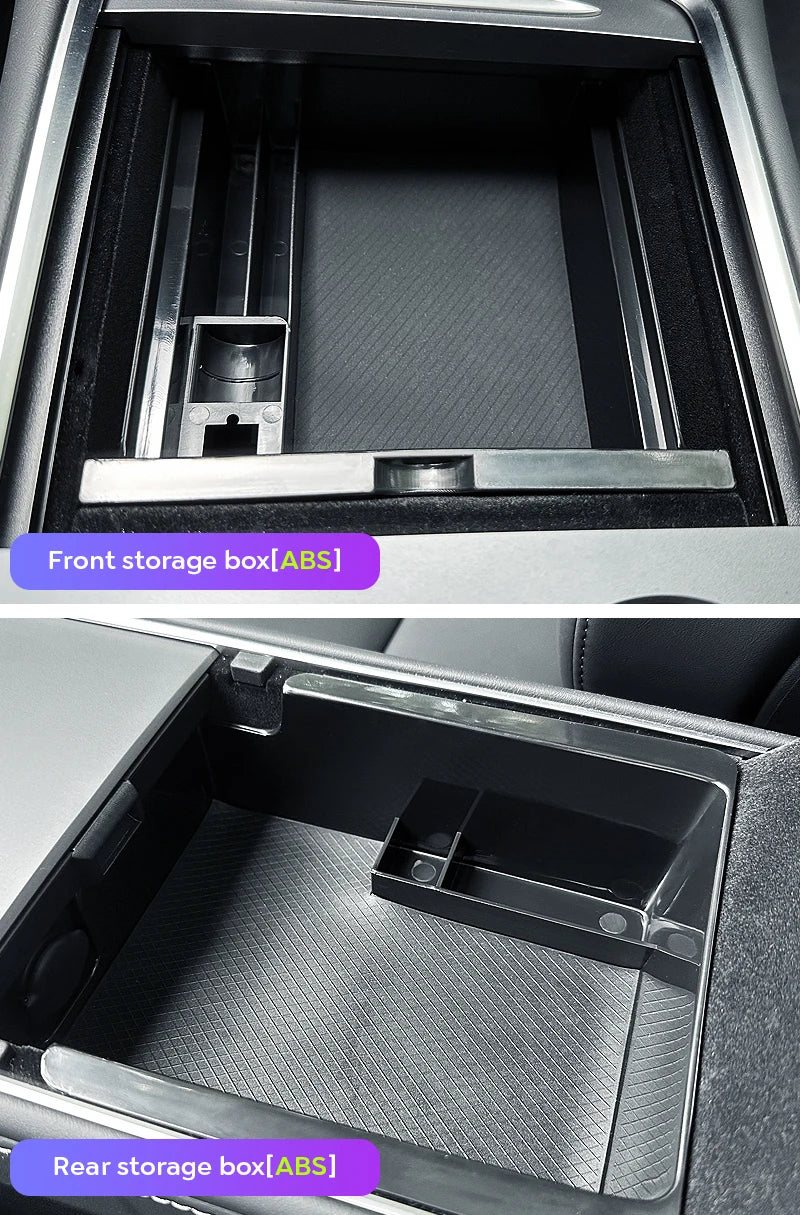 TESY Hidden Storage Box for Tesla Model Y | Flocked Center Console Organizer with Sliding Layers for Front & Rear Armrest