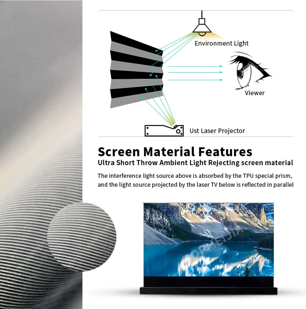 120 inch Laser TV ALR Projector Screen Motorized Floor Rising PET Crystal UST ALR Projection Screen For 4K Ultra Short Projector