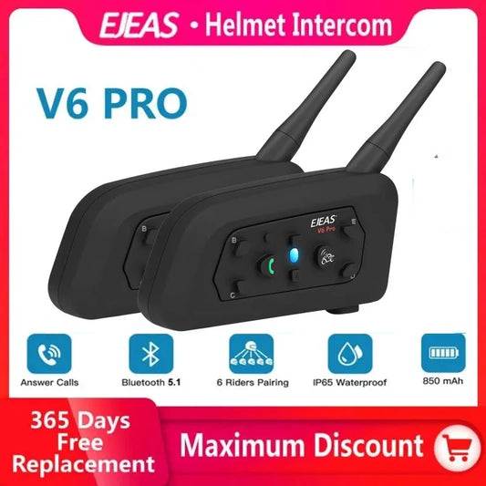 EJEAS V6 Pro Motorcycle Bluetooth Helmet Headset, 1200m Intercom for 6 Riders with 850mAh Battery