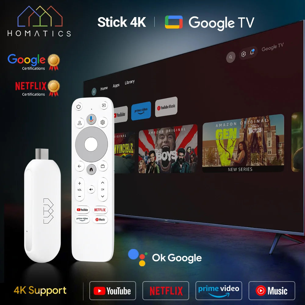 HOMATICS 4K TV Stick - Netflix & Google Certified, 32GB Storage, Dolby Atmos, AV1 Support, Dual-Band WiFi