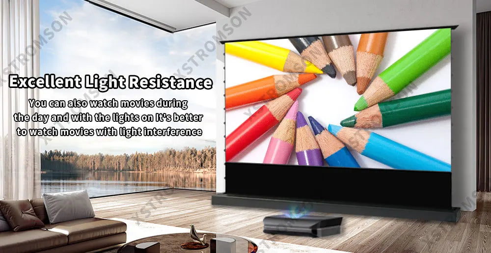 120 inch Laser TV ALR Projector Screen Motorized Floor Rising PET Crystal UST ALR Projection Screen For 4K Ultra Short Projector