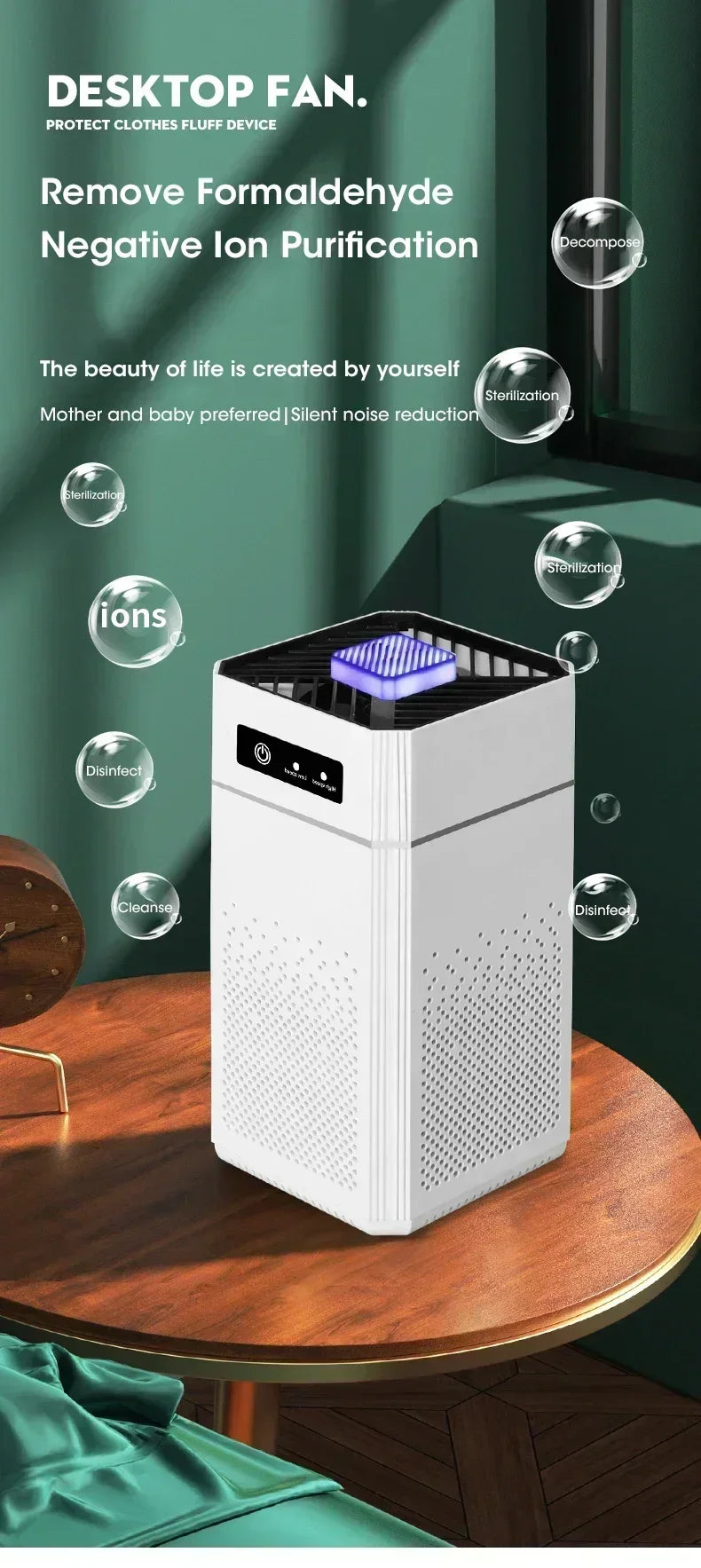 Air Purifier Smoke Odor Negative Ion Generator Air Cleaner for Household HEPA Filter Efficient Purifying Air Smart Formaldehyde