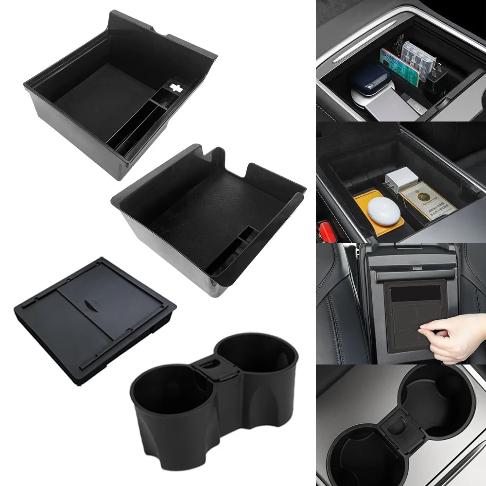 TESY Hidden Storage Box for Tesla Model Y | Flocked Center Console Organizer with Sliding Layers for Front & Rear Armrest