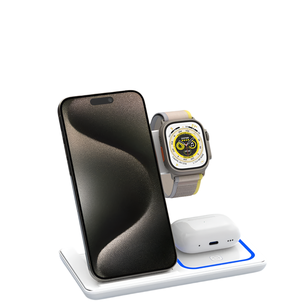 VIKEFON 30W 3-in-1 Fast Wireless Charging Station – Foldable Stand for iPhone 15/14/13/12/11, Apple Watch 9/8/7/6/5, and AirPods Pro