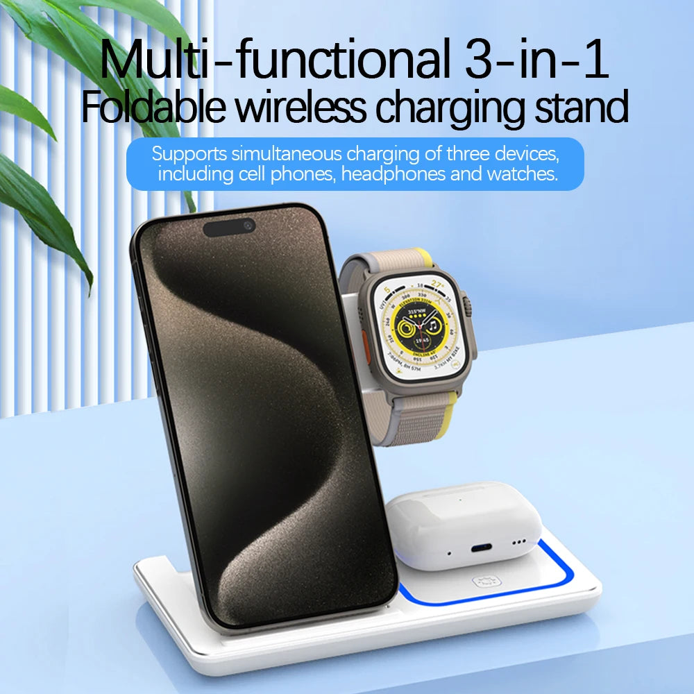 VIKEFON 30W 3-in-1 Fast Wireless Charging Station – Foldable Stand for iPhone 15/14/13/12/11, Apple Watch 9/8/7/6/5, and AirPods Pro