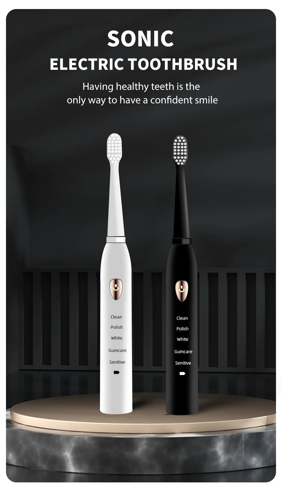 Jianpai Acoustic Electric Toothbrush - Classic Black & White, 5-Gear Modes, USB Rechargeable, IPX7 Waterproof