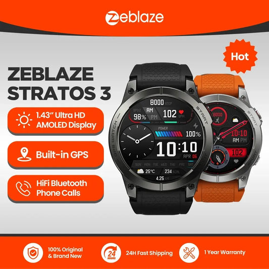 Zeblaze Stratos 3 Premium GPS Smartwatch – Ultra HD AMOLED Display, Built-in GPS, Hi-Fi Bluetooth Calling