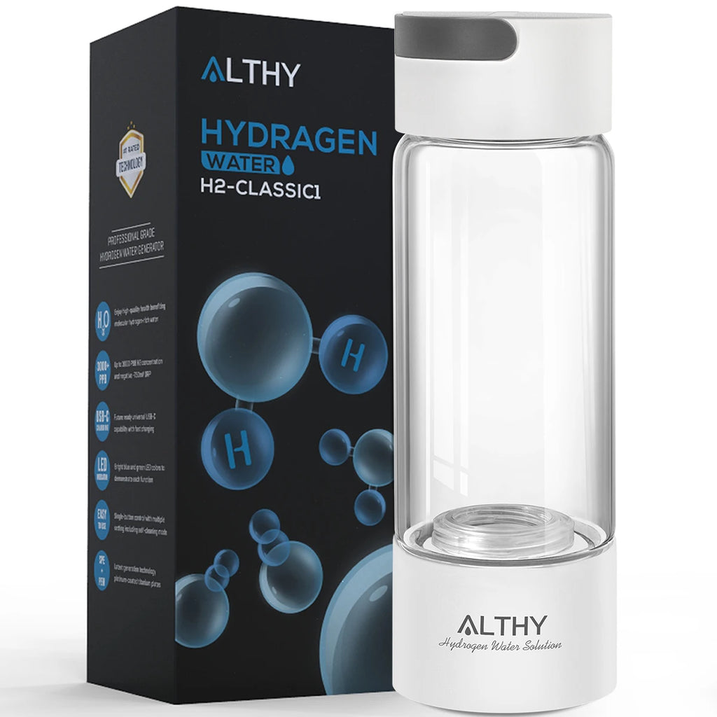 ALTHY Hydrogen Rich Water Generator Bottle - Glass Cupbody - DuPont SPE & PEM Dual Chamber Maker Ionizer - H2 Inhalation Device