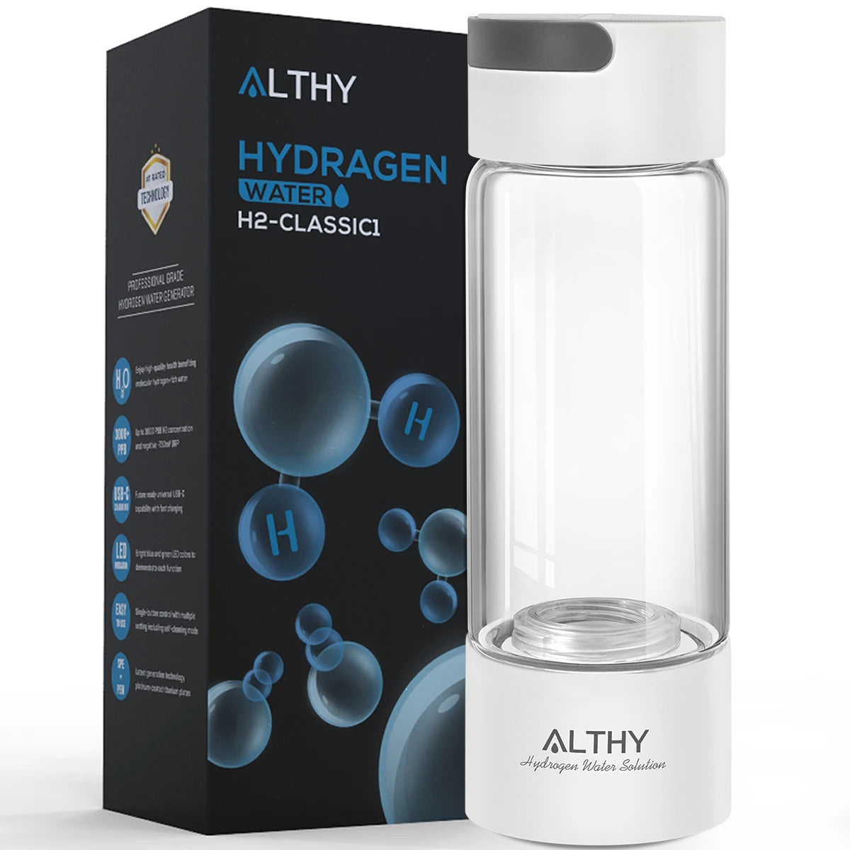 ALTHY Hydrogen Rich Water Generator Bottle - Glass Cupbody - DuPont SPE & PEM Dual Chamber Maker Ionizer - H2 Inhalation Device