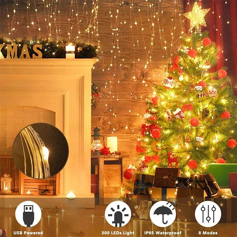 3M LED Curtain String Lights - USB Fairy Garland Lamp with 8 Modes for Home, Garden, Christmas 2024, Party, New Year, and Wedding Decoration