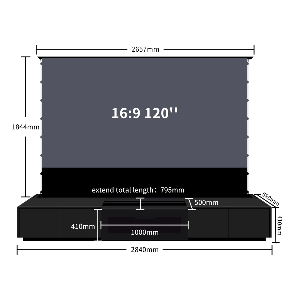 120'' Black Smart Laser TV Cabinet +UST ALR Projector Screen Motorized Floor Rising Screen for Ultra Short Throw Laser Projector