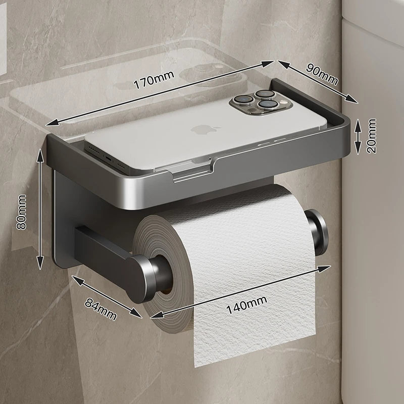 Aluminum Alloy Wall-Mounted Toilet Paper Holder with Shelf – Multi-Function Bathroom Paper & Phone Holder Towel Roll Rack