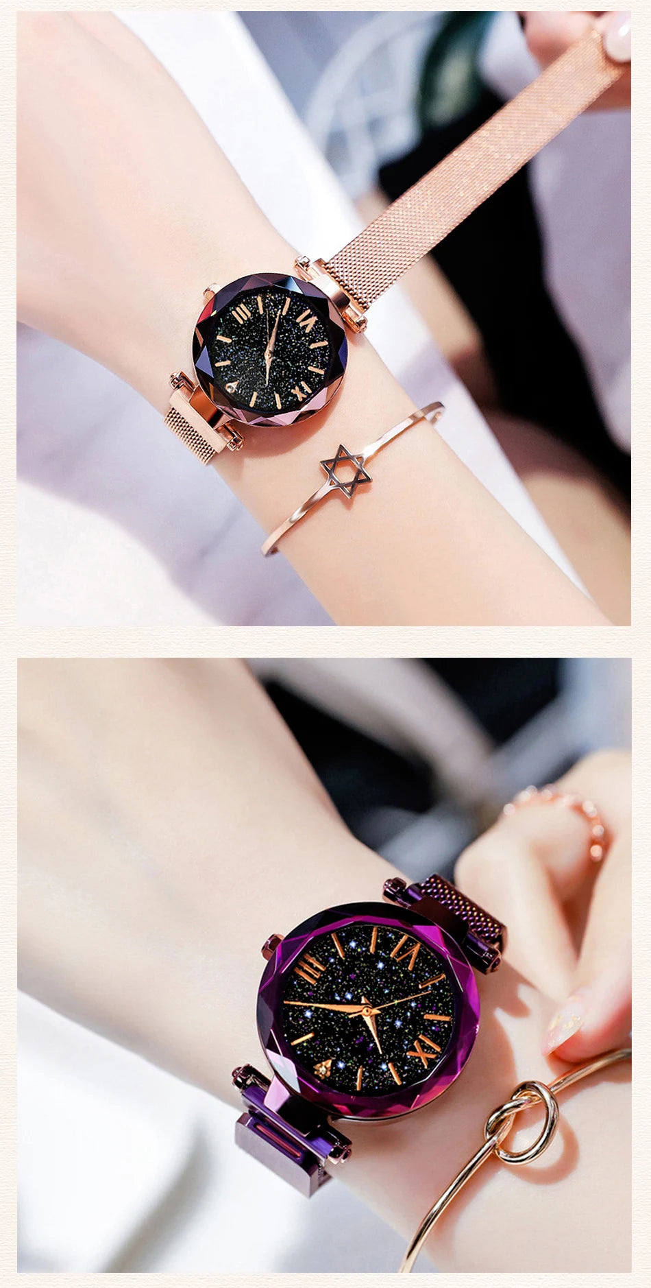 Women's Starry Sky Diamond Quartz Watch - Fashion Dress Watch with Magnetic Buckle Mesh Strap