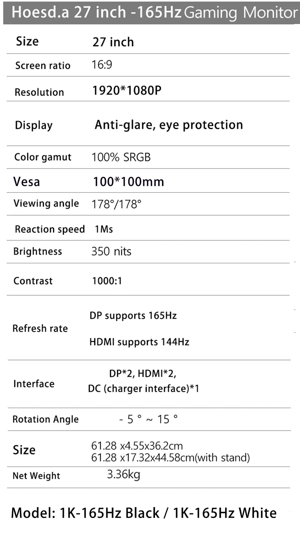 27inch 165Hz Gaming Monitor IPS 350cm/d2 Gaming Display DP HDMI FHD Desktop Ultra-thin Computer Screen Monitor