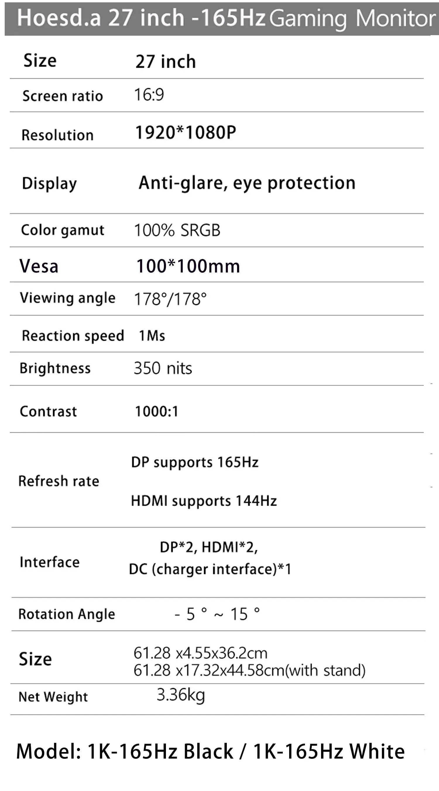 27inch 165Hz Gaming Monitor IPS 350cm/d2 Gaming Display DP HDMI FHD Desktop Ultra-thin Computer Screen Monitor