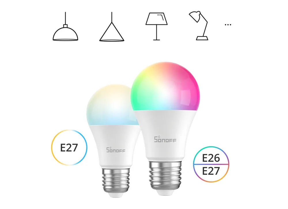 SONOFF Smart LED Bulbs (B02-B-A60/B05-BL-A60) – 9W dimmable Wi-Fi bulbs with eWeLink app control; works with Alexa and Google Home.