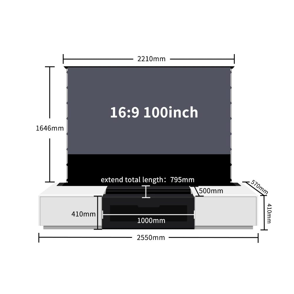 120'' Black Smart Laser TV Cabinet +UST ALR Projector Screen Motorized Floor Rising Screen for Ultra Short Throw Laser Projector