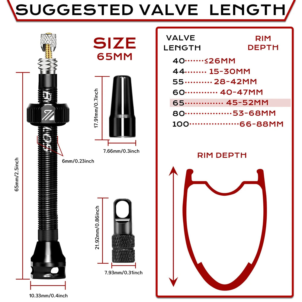 BUCKLOS Aluminum Alloy Tubeless Presta Valves – Removable Core Air Valves for Road & MTB Bikes (40-100mm Sizes)