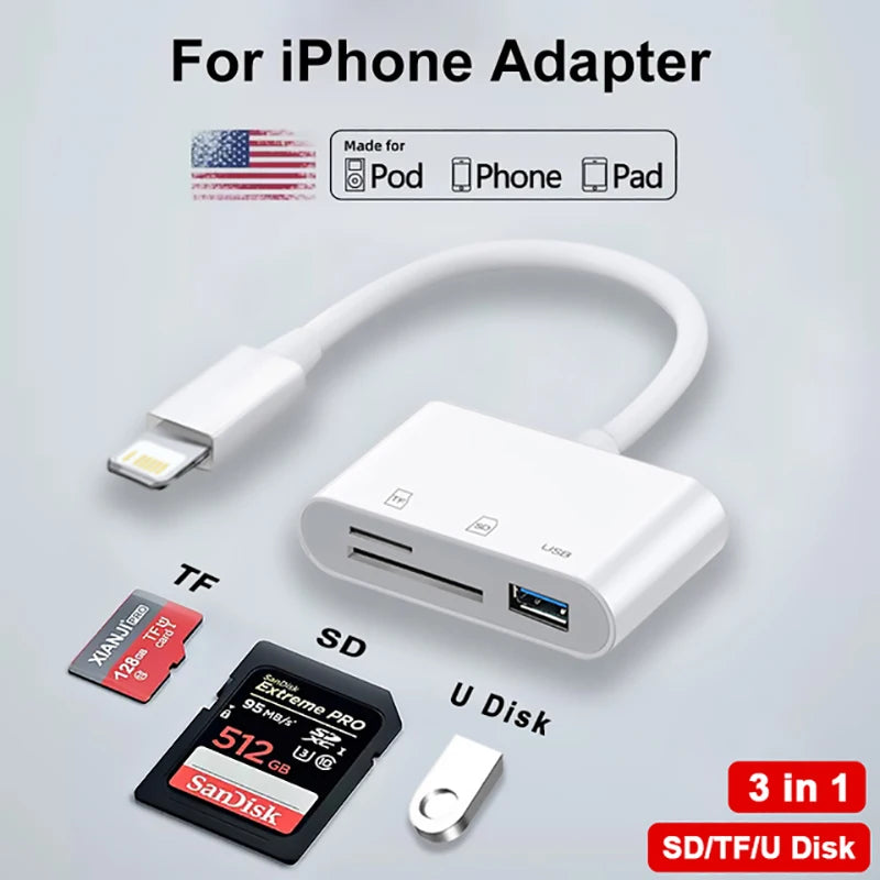 Lieve 3-in-1 SD/TF Card Reader for iPhone 14, 13, 12, 11 Pro Max, XR, XS, USB-C Camera Converter for iPad, Android, Laptop OTG Adapter