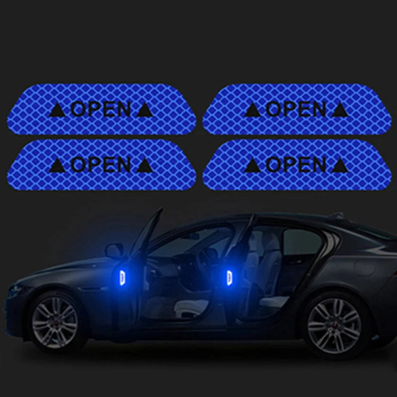 4PCS Reflective Car Door Handle Safety Stickers - Warning Mark Anti-Collision Reflector Strips for Enhanced Visibility