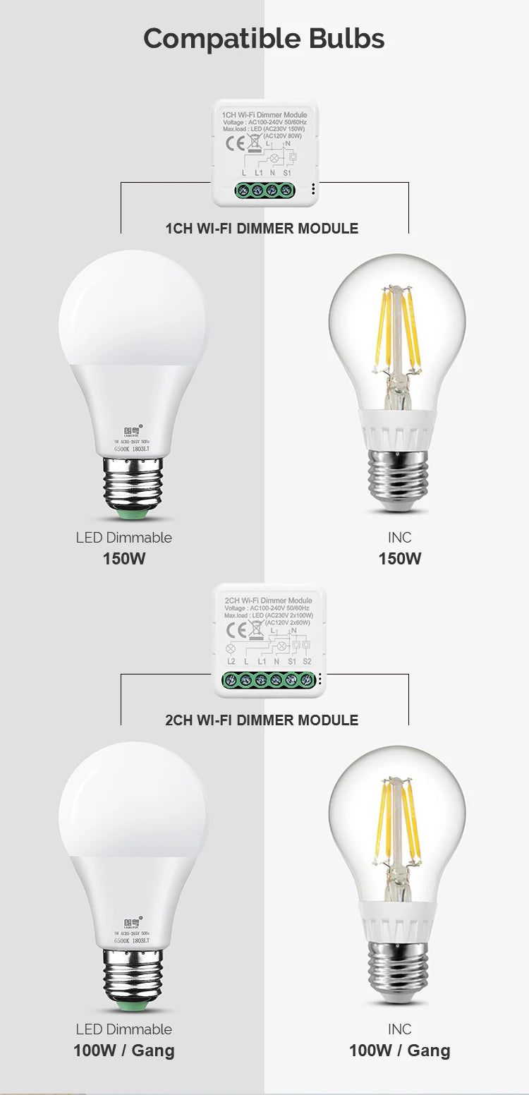 DIY  Wifi Smart Dimmer Switch Module Tuya/Smartlife APP Remote Control Two Way Compatible with Alexa Google Home Voice Control