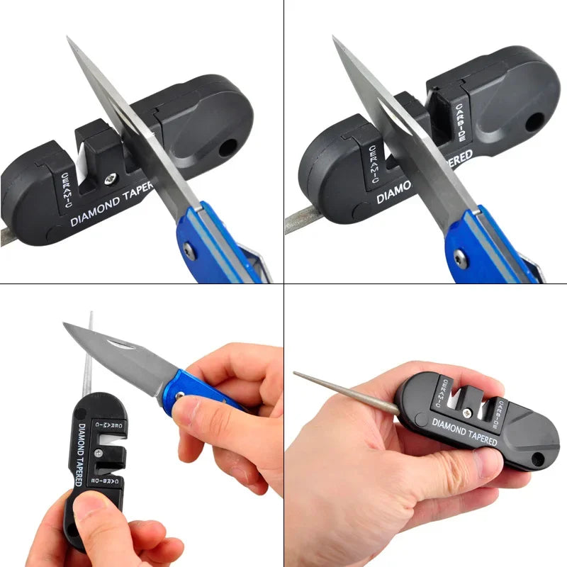 4-in-1 Portable Knife Sharpener – Tungsten, Ceramic, Carbide & Diamond Fish Hook Sharpening Tool for Camping, Hiking, and Outdoor Use