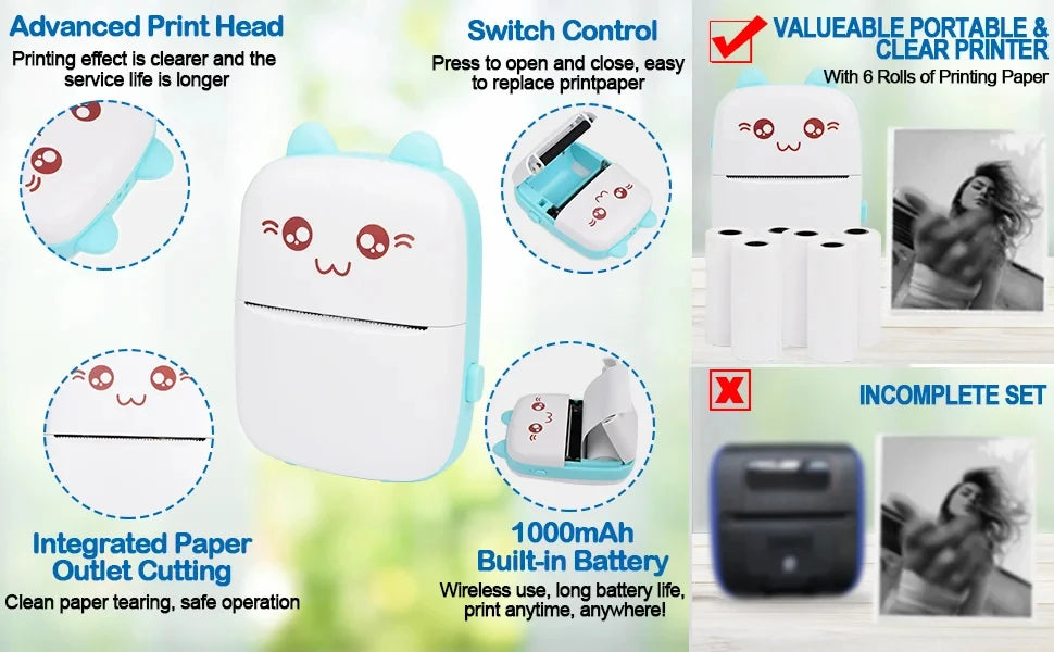 Yixinsci Mini Cat Thermal Printer Wireless BT 200dpi