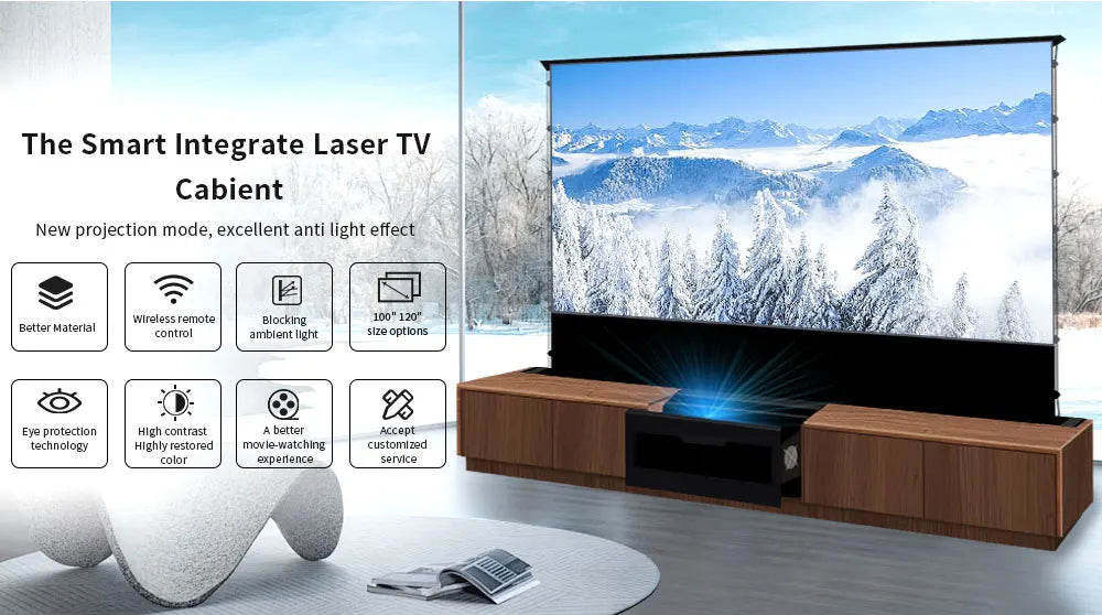 120'' Black Smart Laser TV Cabinet +UST ALR Projector Screen Motorized Floor Rising Screen for Ultra Short Throw Laser Projector