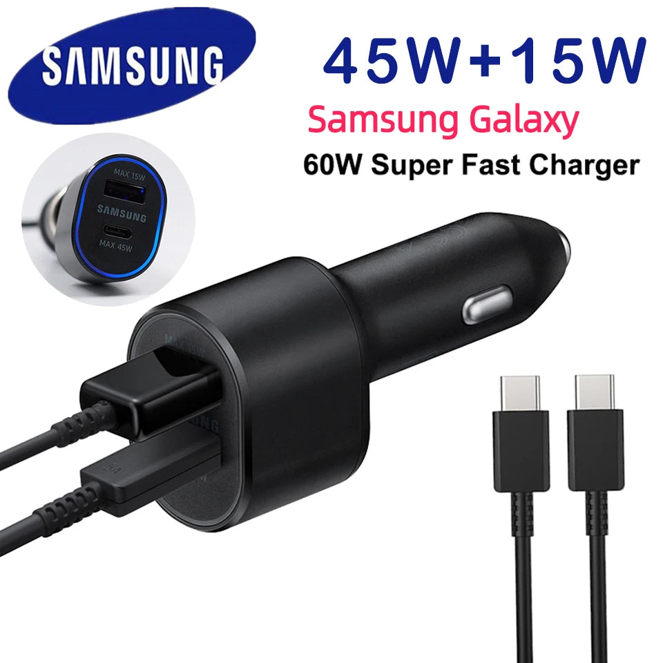 Samsung 60W Dual Port USB-C Car Charger | Super Fast Charging 45W + 15W for Galaxy S24 Ultra, S23, S22, Note 20, A53, M54