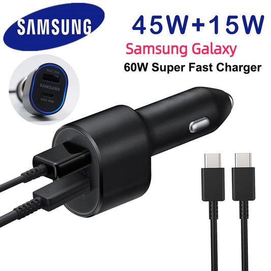 Samsung 60W Dual Port USB-C Car Charger | Super Fast Charging 45W + 15W for Galaxy S24 Ultra, S23, S22, Note 20, A53, M54