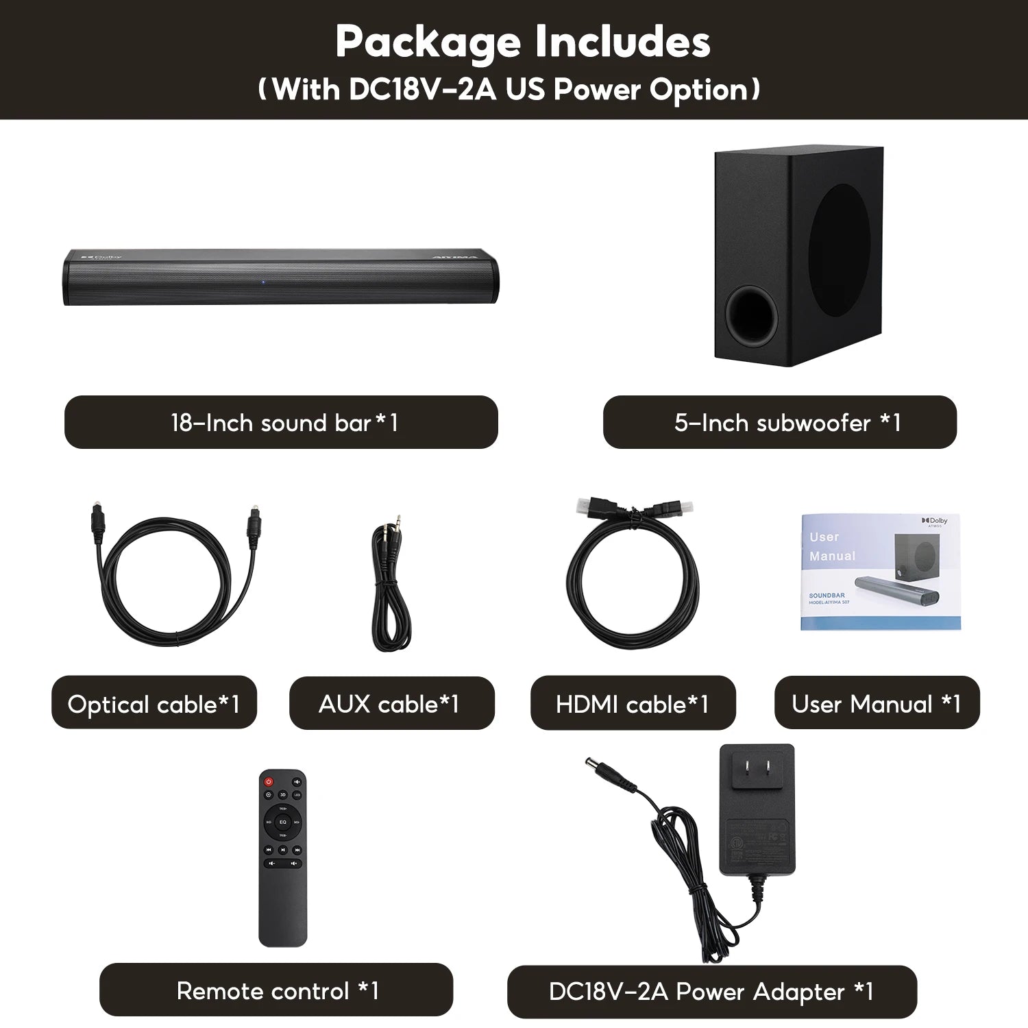 AIYIMA S07 Dolby 2.1 Sound Bar 150W Soundbars With Wireless Subwoofer for TV 3D System Speaker Bluetooth HDMI/Aux/Opt/USB