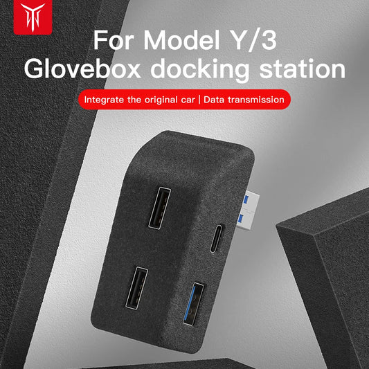 YZ Glove Box USB Hub Adapter with Quick Charger for Tesla Model 3 (2021) & Model Y (2023) – Flocking Design Car Accessory